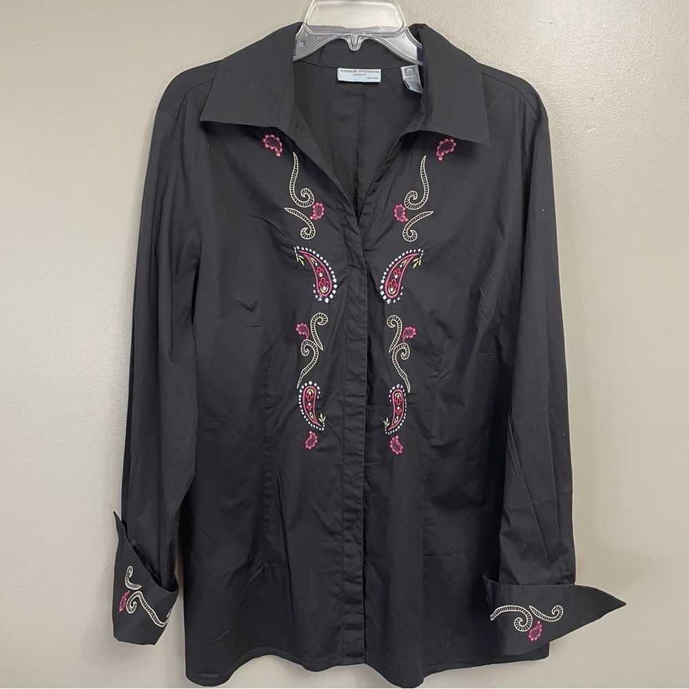 Valerie Stevens Women's 1X black Long Sleeve Embroidered Blouse Shirt